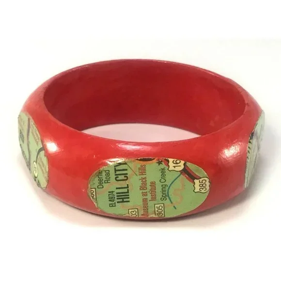 Altered Red Wood Bangle Bracelet with Deadwood Black Hills Map Collage - Picture 3 of 6